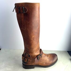 Frye Veronica Riding Boots Size 7.5 Distressed Cognac Brown Leather Tall Boots
